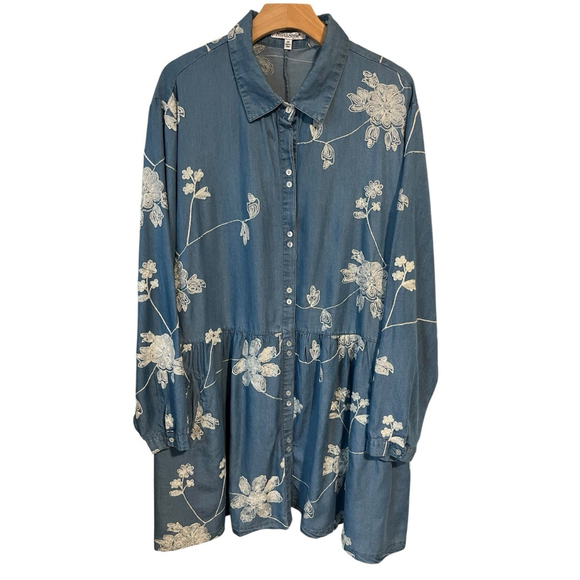 North Style Chambray Shirt Dress Plus Size 3X Blue Embroidered Long Sleeve - Picture 1 of 8